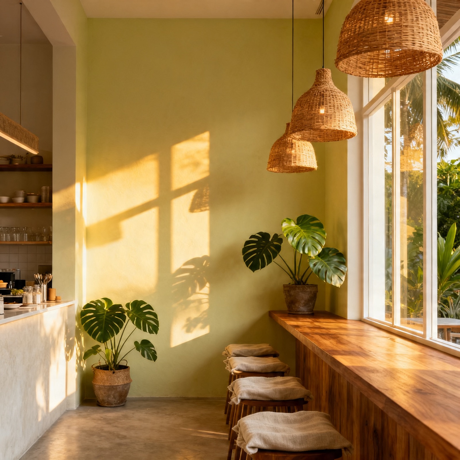Nüde café interior — cream walls, rattan pendants, warm morning light