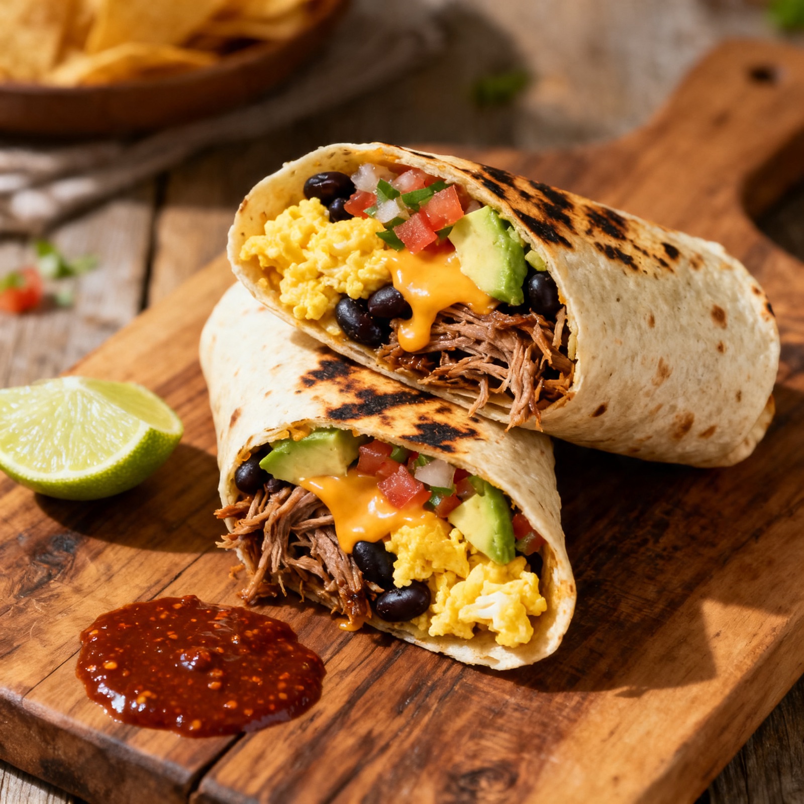 Pulled pork breakfast burrito