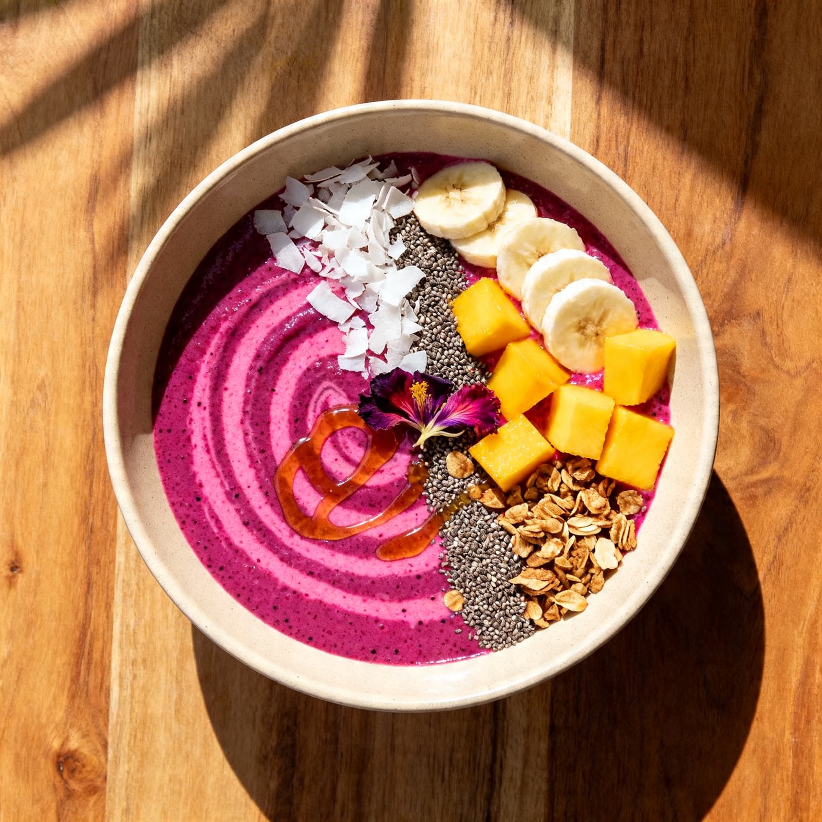 Tropical smoothie bowl overhead